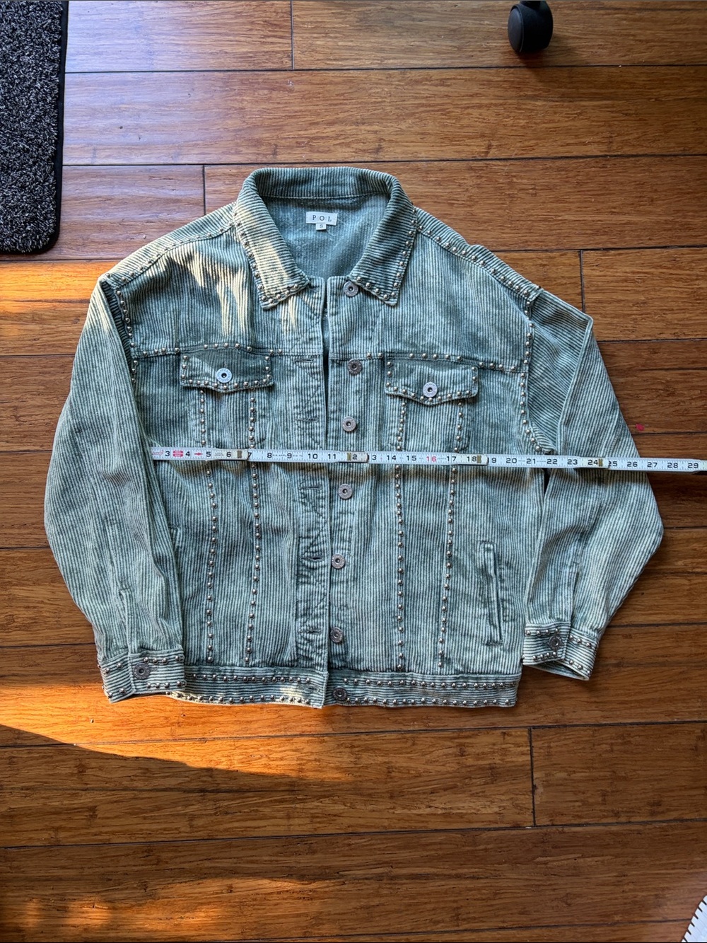 POL Olive Green Corduroy Oversized Stud-Trim Jacket.